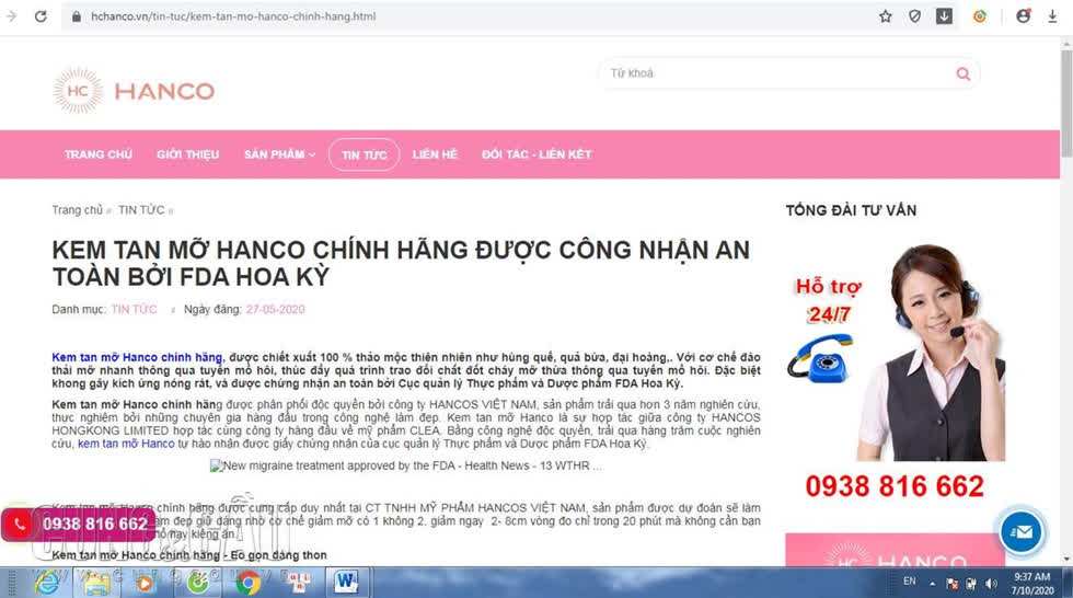 Quảng cáo kem tan mỡ Hanco được giới thiệu trên trang web của Hanco Việt Nam.
