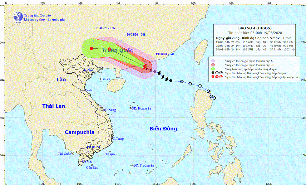 Hướng di chuyển của bão số 4 từ Biên Đông vào đất liền.
