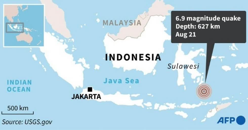 Vị trí tâm chấn của trận động đất ngoài khơi Indonesia hôm nay. Đồ hoạ: AFP.
