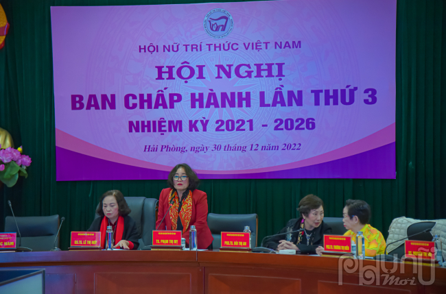 TS Phạm Thị Mỵ - Phó Chủ tịch Hội NTT VN trình bày Báo cáo hoạt động năm 2022 - năm đầu tiên thực hiện của nhiệm kỳ và phương hướng nhiệm vụ năm 2023.