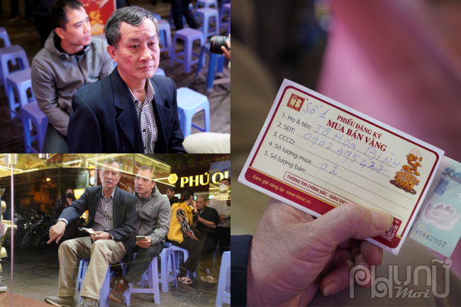  Ông Tô Hòa Bình (68 tuổi, ở quận Đống Đa, Hà Nội) đến sớm xếp hàng đầu tiên chờ mua vàng.