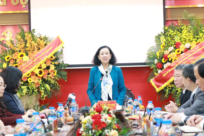 Đồng chí Trương Thị Mai, Ủy viên Bộ Chính trị, Thường trực Ban Bí thư, Trưởng ban Tổ chức Trung ương phát biểu tại Ban Bảo vệ, chăm sóc sức khỏe cán bộ Trung ương - Ảnh: VGP/ĐT