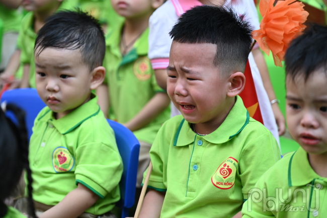 Các em học sinh bật khóc trươc các bạn học mới lạ lẫm.