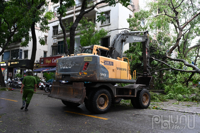 Lực lượng chức năng huy động máy móc di chuyển các cây to đổ gãy vào nhà dân, chắn ngang đường.