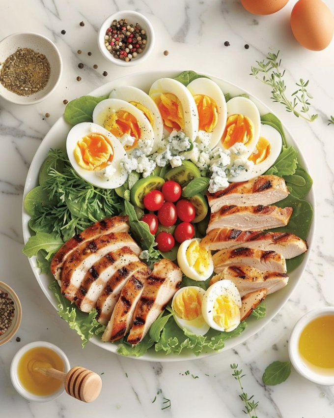 Salad gà áp chảo, trứng luộc. Ảnh: ITN