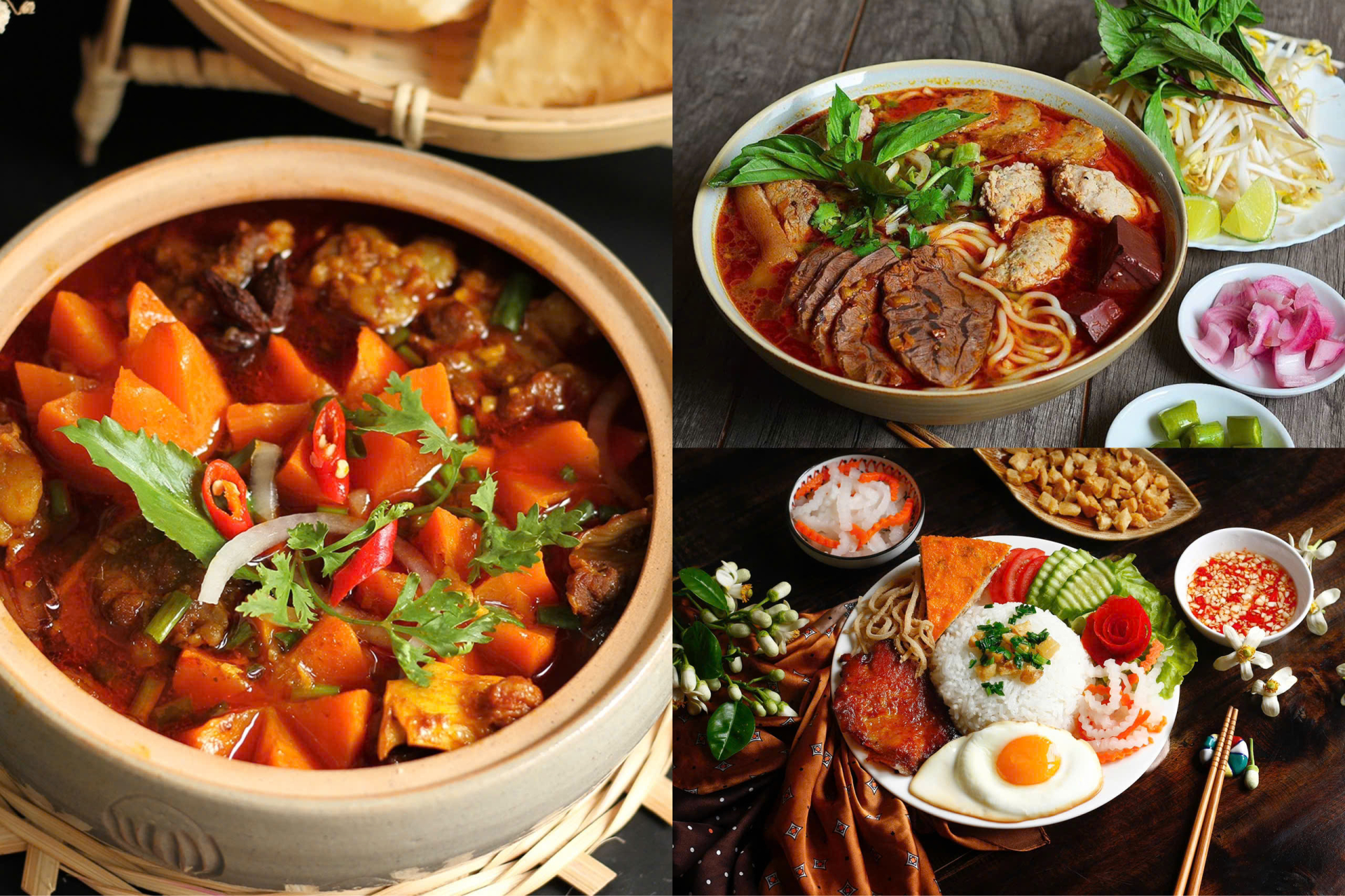 Ba đại diện ẩm thực Việt Namlà bò kho, bún bò Huế và cơm tấm