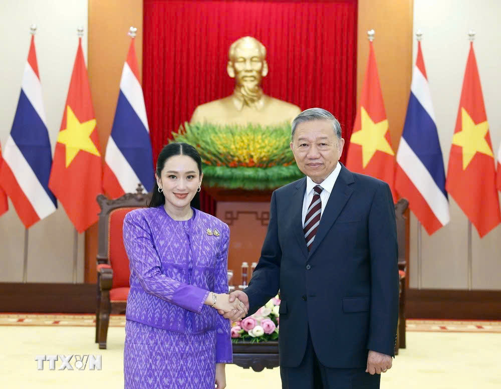 Tổng Bí thư Tô Lâm tiếp Thủ tướng Thái Lan Paetongtarn Shinawatra. (Ảnh: Thống Nhất/TTXVN)