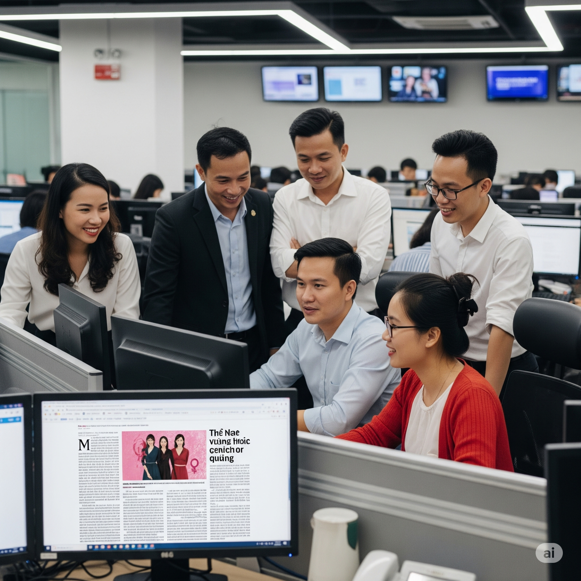 Hình ảnh một nhóm các nhà báo Việt Nam đa dạng đang làm việc cùng nhau trong một phòng tin tức hiện đại, nhấn mạnh vai trò của báo chí trong việc truyền thông chính sách, xây dựng sự đồng thuận xã hội và thúc đẩy bình đẳng giới. Ảnh được tạo bởi AI