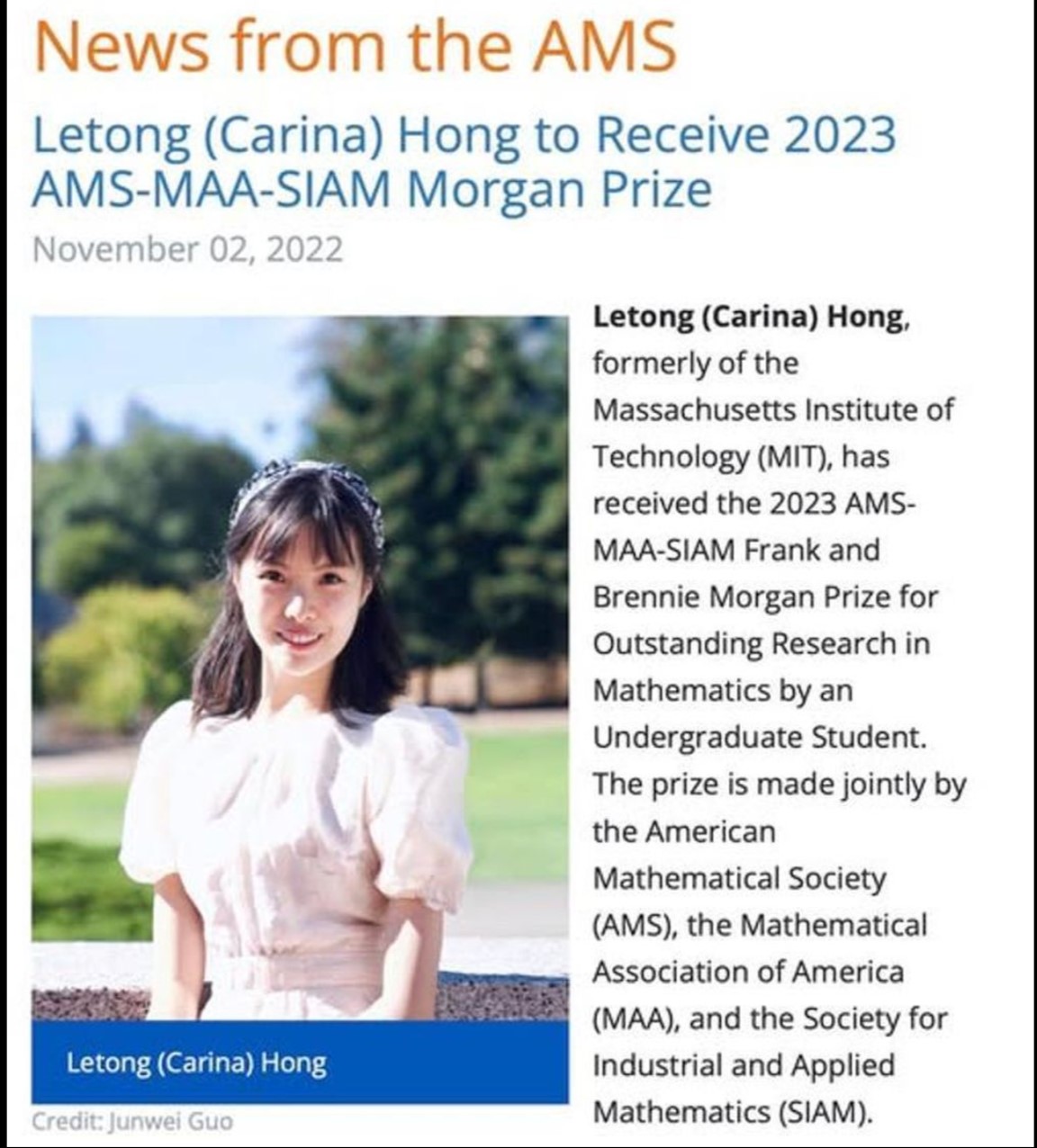 Carina Hong được trao Giải thưởng Frank & Brennie Morgan (2023). Ảnh: ARM.