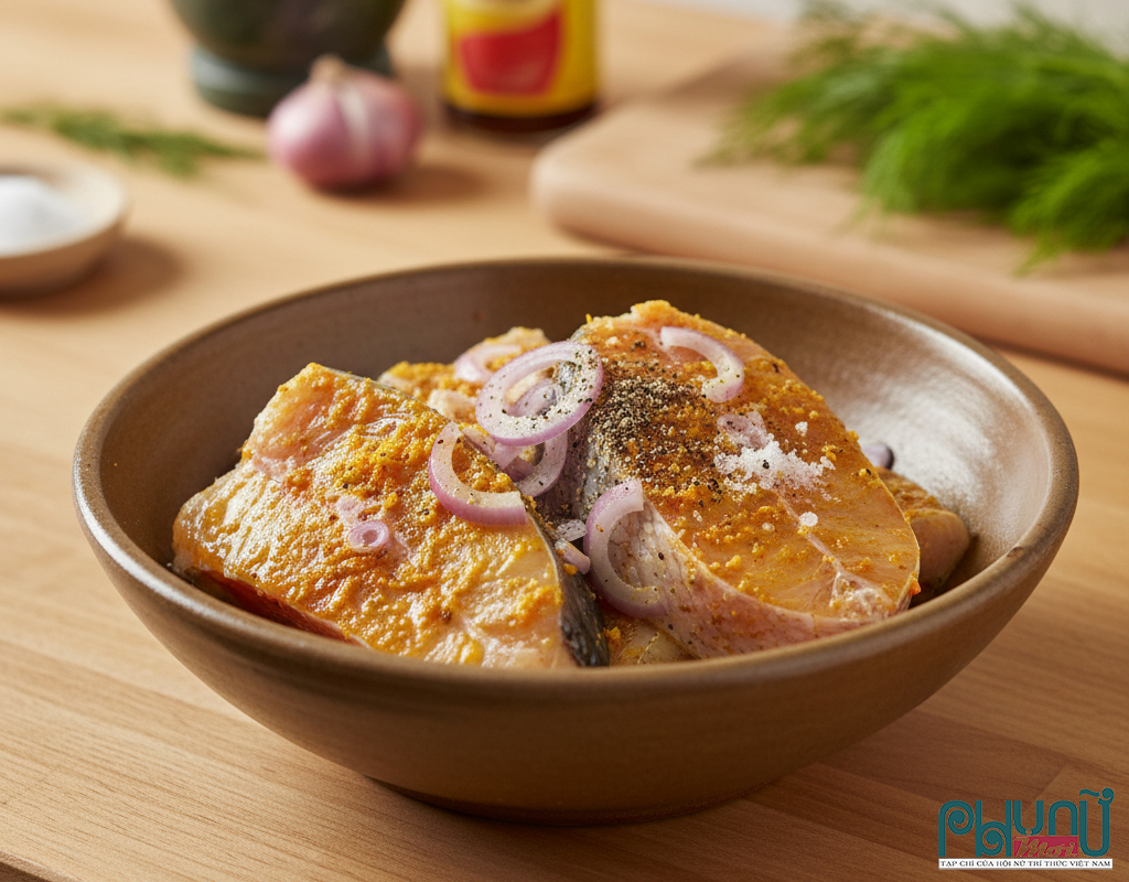 Cá chép được ướp cùng nghệ giã nhỏ, hành tím, nước mắm, tiêu và muối