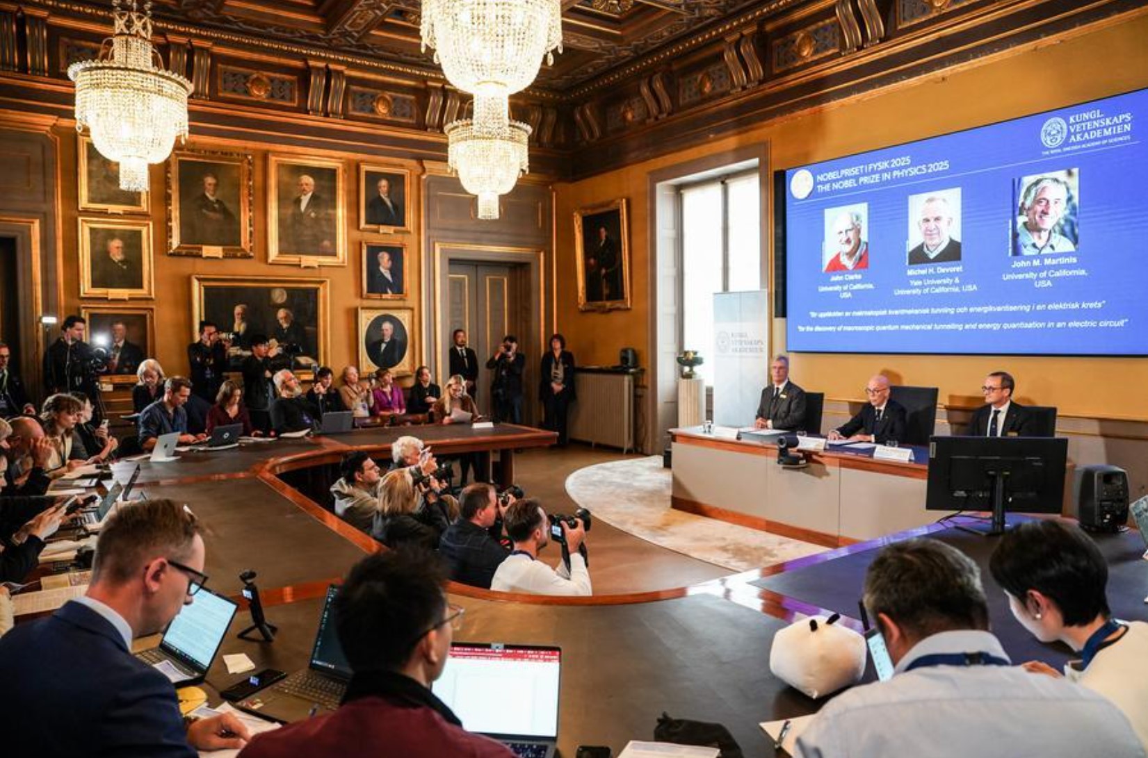 Giải Nobel Vật lý năm 2025 được công bố tại Stockholm, Thụy Điển, ngày 7/10/2025. Ảnh: english.cctv.com