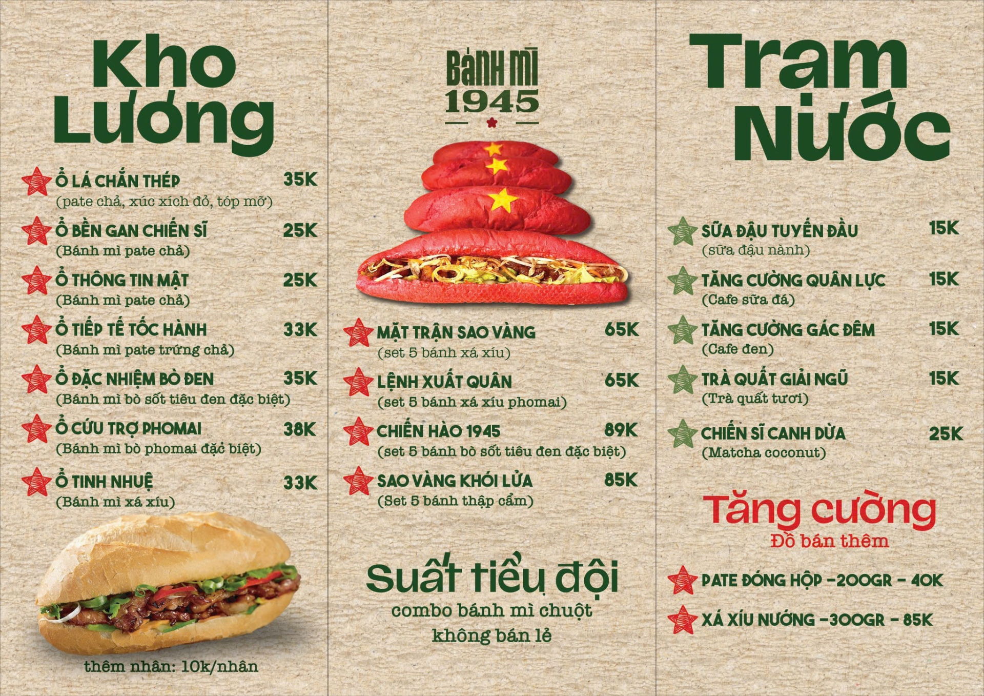 Menu của tiệm bánh mì được xây dựng theo hướng độc lạ nhưng hợp lý, kết hợp hài hòa giữa yếu tố sáng tạo và hương vị quen thuộc. Mỗi sản phẩm không chỉ là một món ăn mà còn kể một câu chuyện, tạo nên trải nghiệm ẩm thực mới mẻ, dễ gây tò mò và thu hút thực khách.