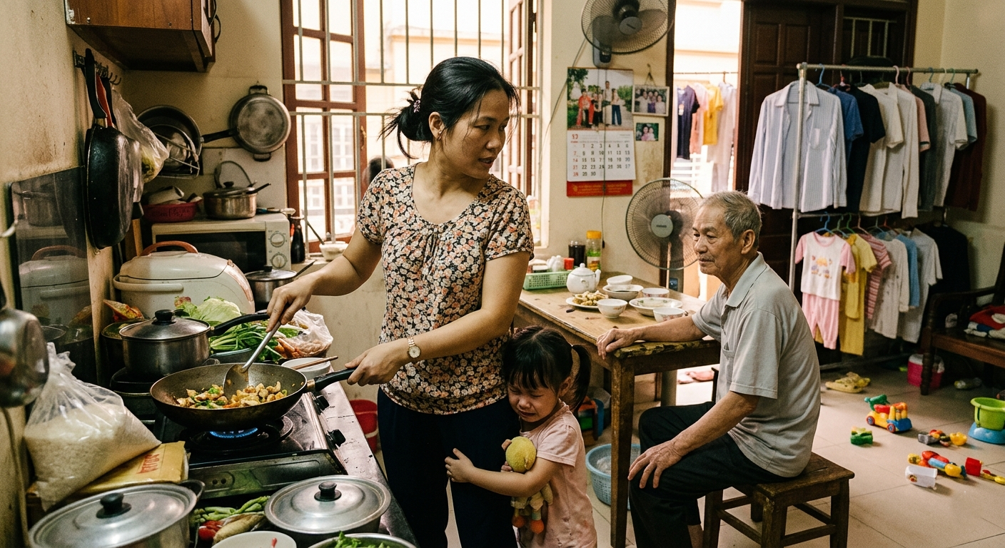 Quyền nghỉ ngơi của phụ nữ bị thu hẹp từ những việc không lương. Ảnh minh họa: AI