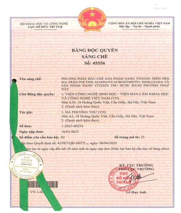 Phương pháp bào chế sản phẩm nanovitecxin được cấp bằng độc quyền sáng chế