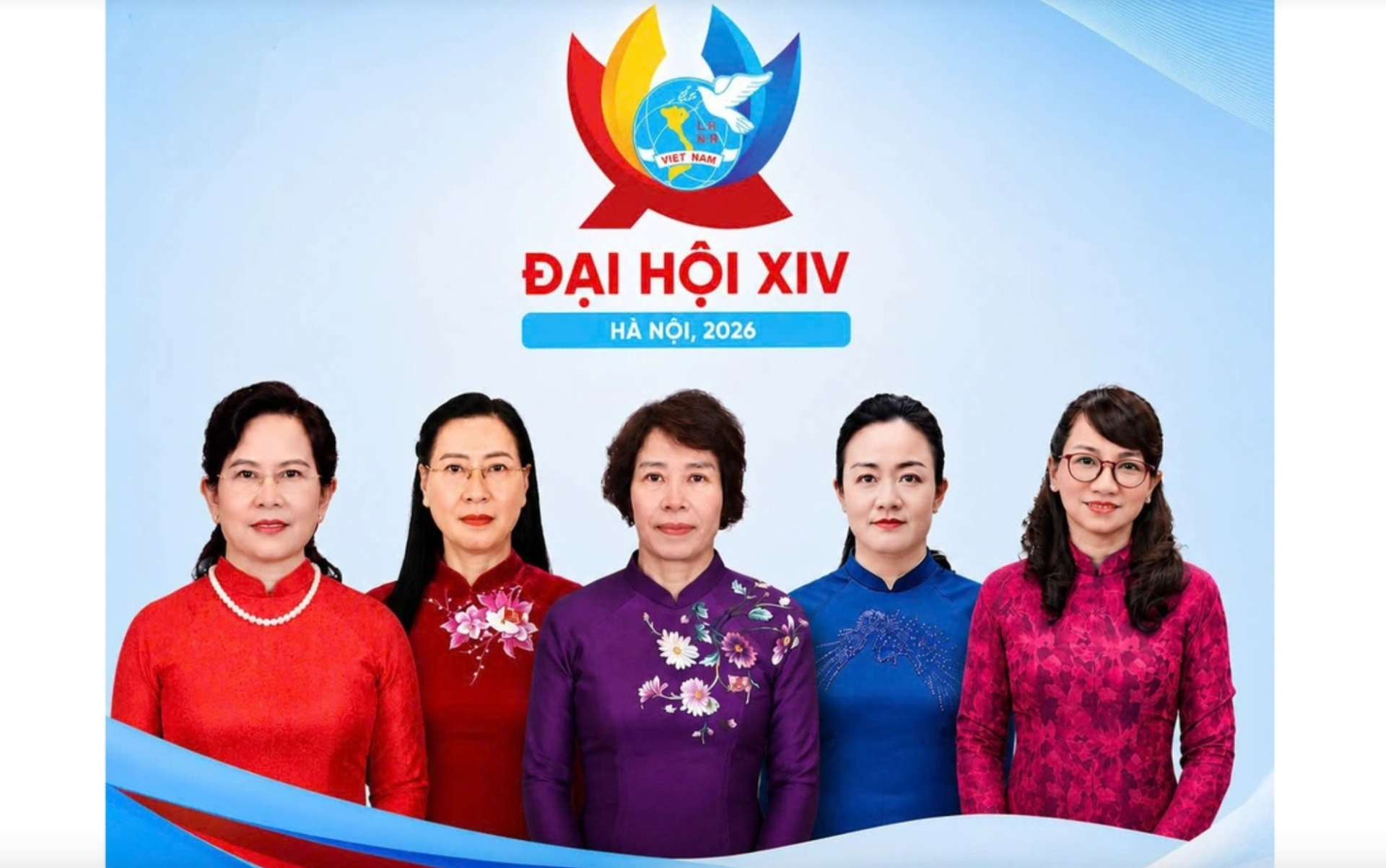 Các nữ Ủy viên Trung ương Đảng tham gia Ban Chấp hành TƯ Hội LHPN Việt Nam khóa XIV, từ trái qua: Bà Lê Thị Thủy, bà Bùi Thị Quỳnh Vân, bà Nguyễn Thị Bích Ngọc, bà Nguyễn Hải Trâm, GS.TS Nguyễn Thị Thanh Mai