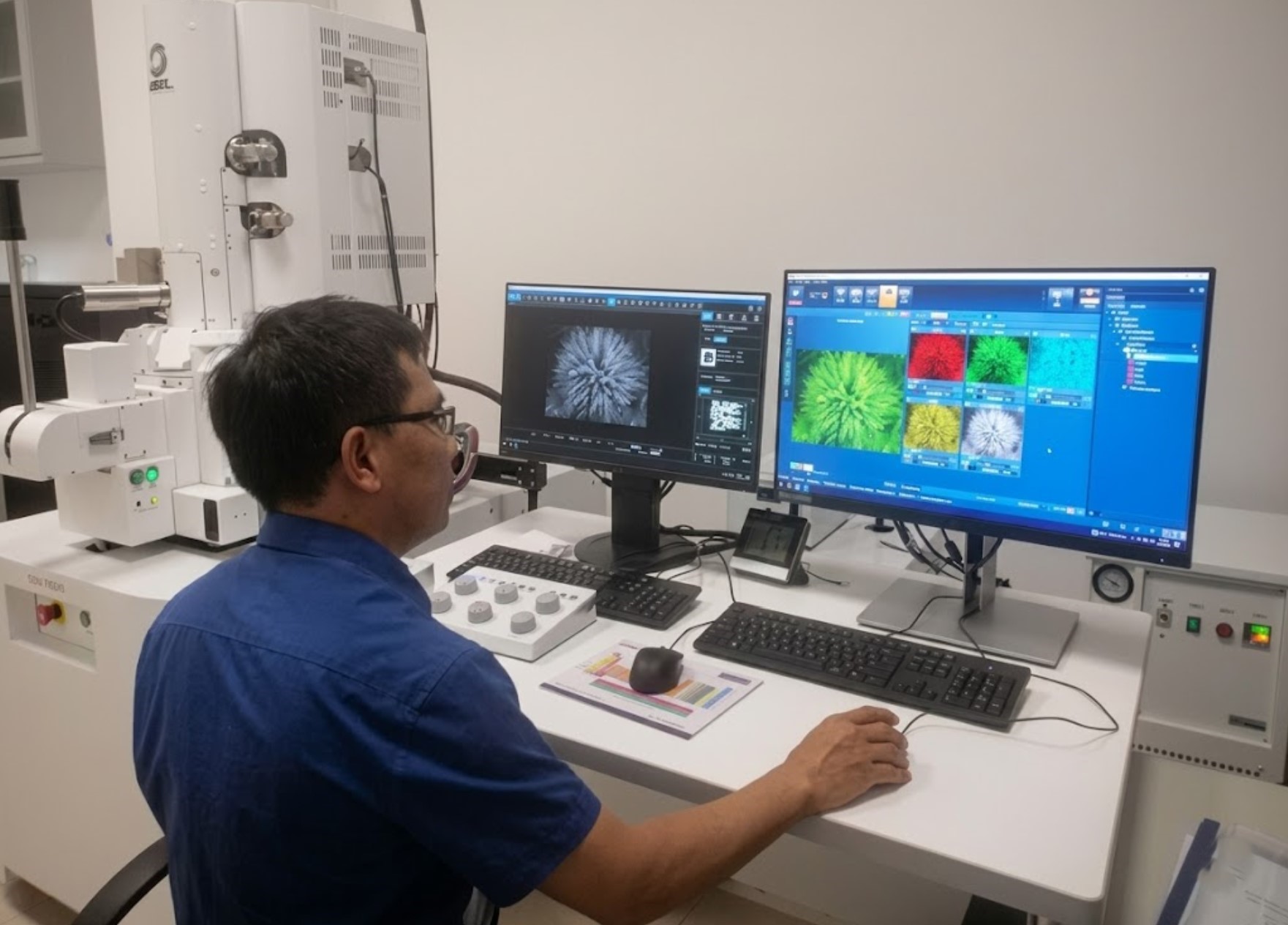 PGS.TS. Nguyễn Văn Chúc thực hiện đo SEM mapping mẫu TiO₂@graphene cấu trúc lõi - vỏ bằng hệ kính hiển vi điện tử quét phát xạ trường (FESEM JSM-IT8000) tại Trường Đại học Khoa học và Công nghệ Hà Nội (USTH), Viện Hàn lâm Khoa học và Công nghệ Việt Nam.