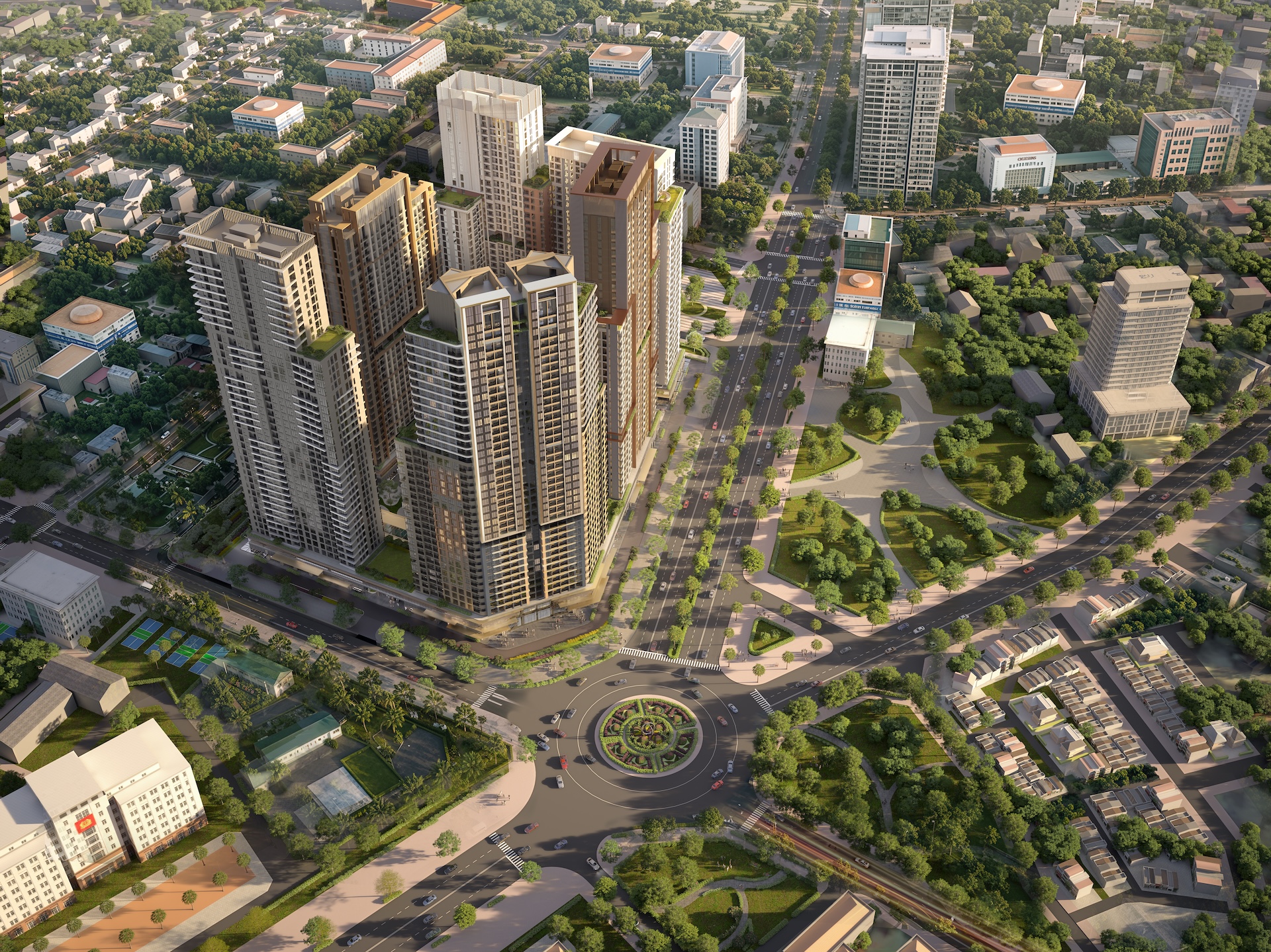 Phối cảnh Tổ hợp Trường Vinh với 5 tòa tháp hiện đại, kết hợp hài hòa giữa không gian sống, thương mại và mảng xanh rộng lớn. Ảnh: Ánh Dương.