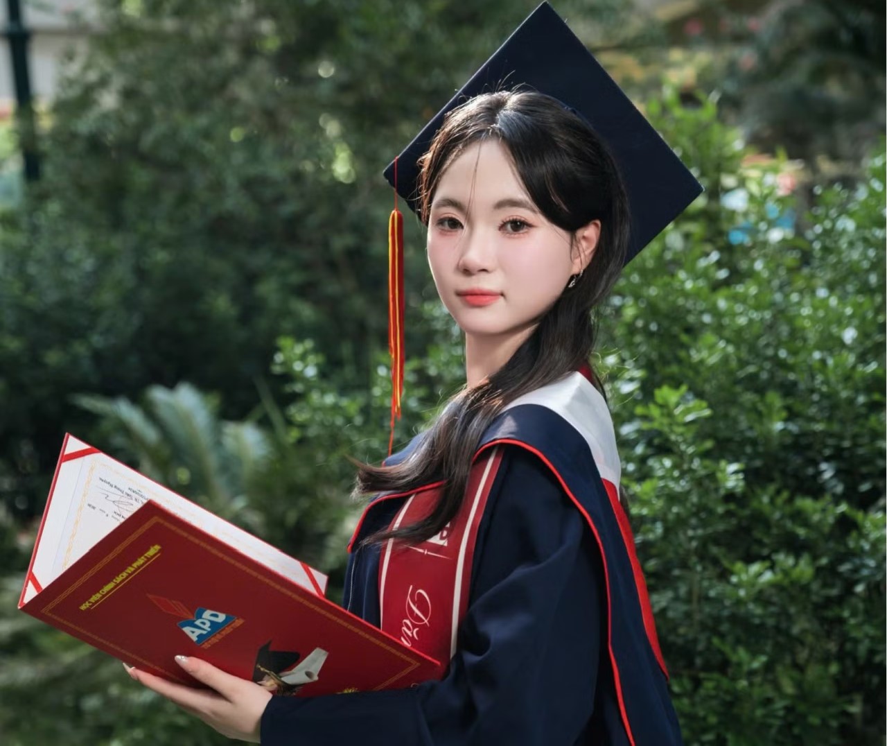 Đăng Thị Thu Uyên, tốt nghiệp ngành Tài chính - Ngân hàng, Học viện Chính sách và Phát triển, với thành tích thủ khoa toàn khóa 13. Ảnh:NV