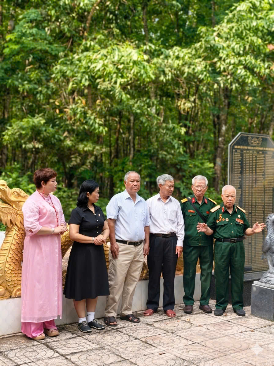   Thiếu tướng Nguyễn Ngọc Doanh (bìa phải) – nguyên Tư lệnh phó Chính trị Quân đoàn 4  kể chuyện lịch sử tại bia tưởng niệm  