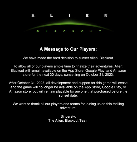   Thông báo chính thức về việc ngừng phát hành Alien: Blackout từ đội ngũ phát triển game.  