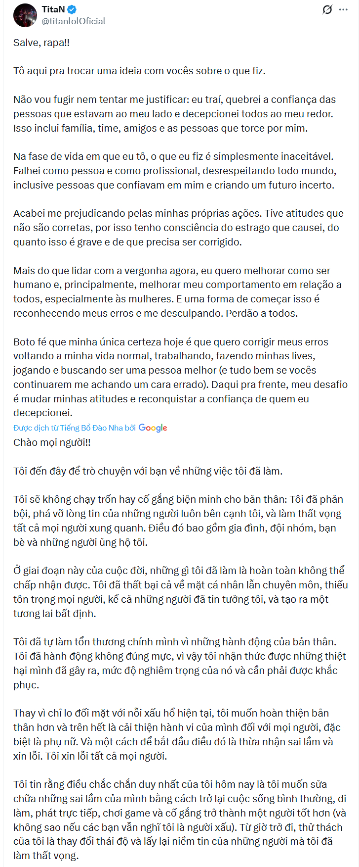 Bài đăng thừa nhận các hành vi của TitaN.