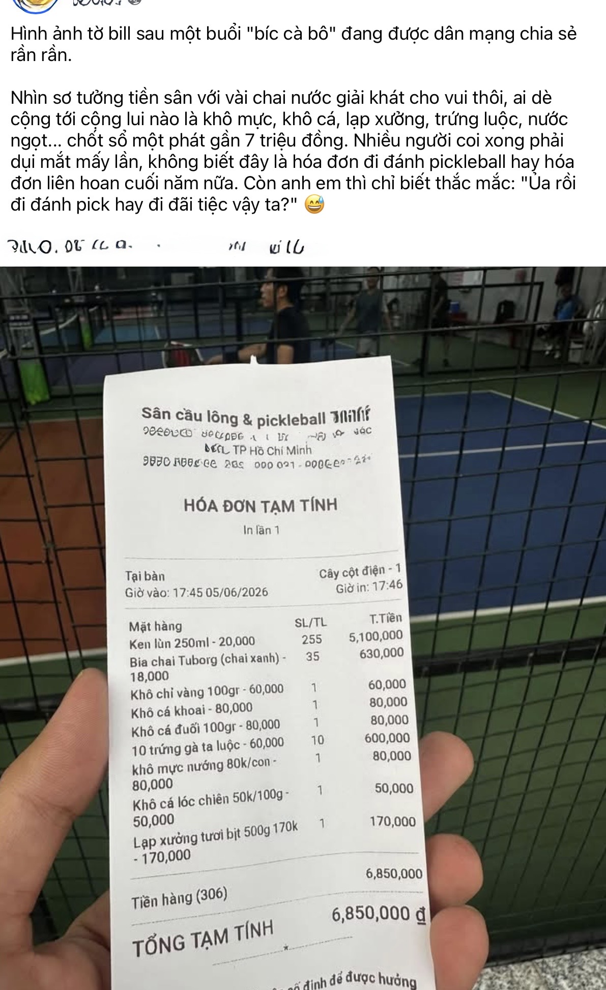 Xôn xao hóa đơn Pickleball lên tới vài triệu một buổi