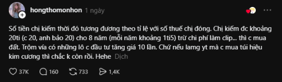 YouTuber Thơ Nguyễn hé lộ kiếm được 20 tỷ, CĐM nghe mà chỉ biết