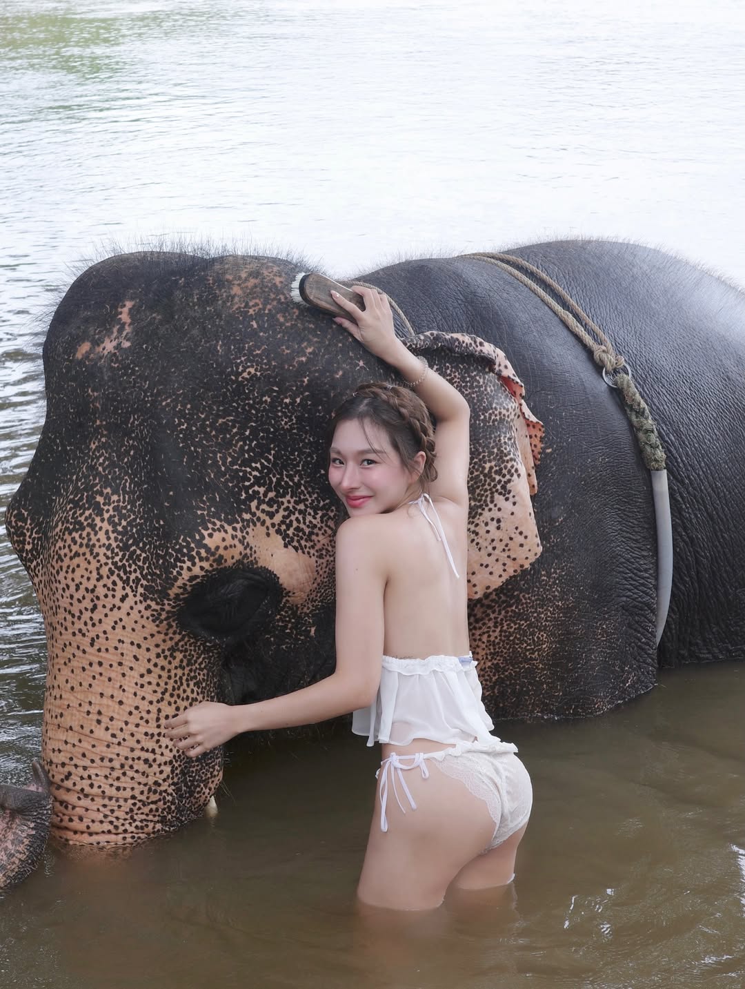 Đi du lịch, hot blogger trải nghiệm cả dịch vụ tắm với voi để review cho người xem