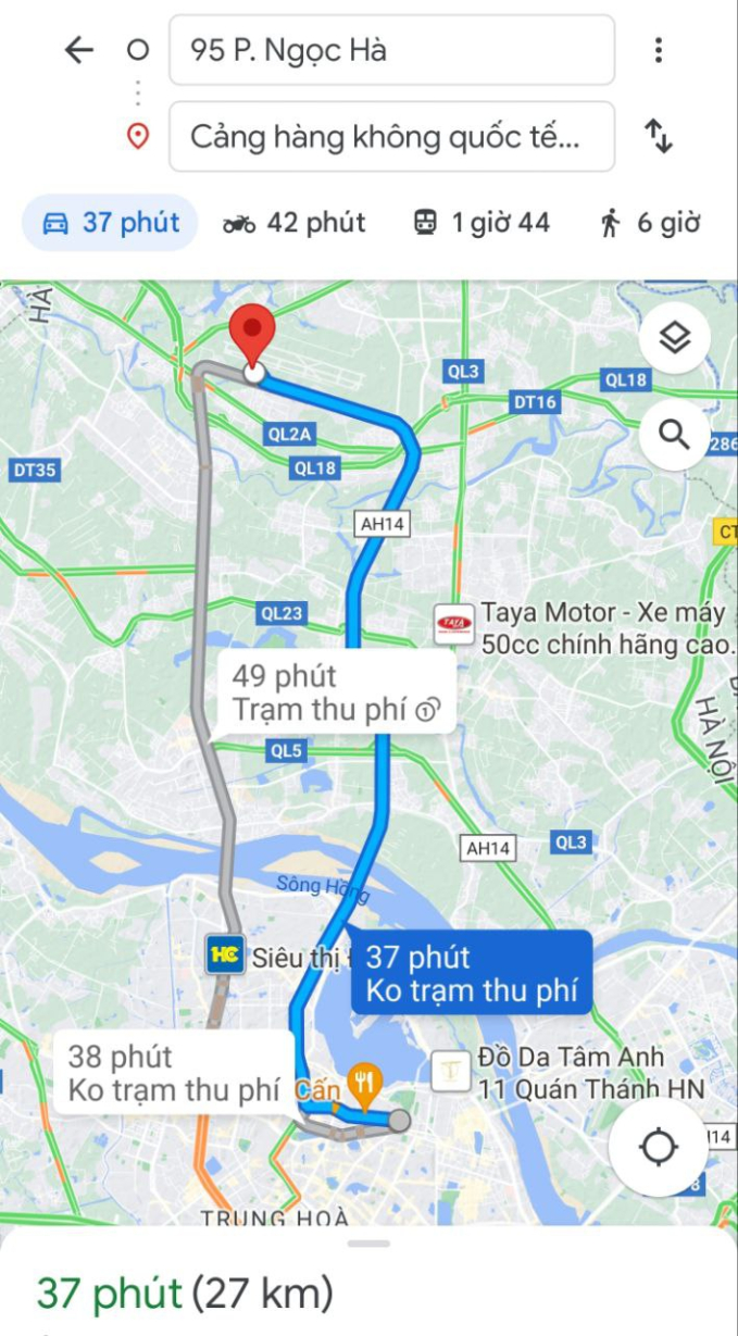 Quãng đường từ Ngọc Hà đến sân bay Nội Bài khoảng 27km (lộ trình tham khảo, ảnh chụp màn hình Google Maps)