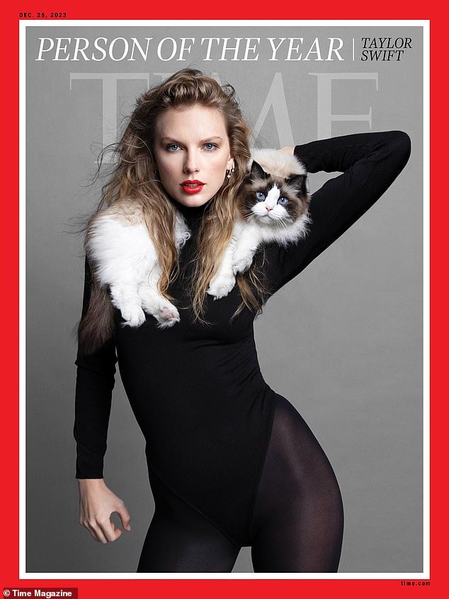 Chú mèo cưng mắt xanh của Taylor Swift xuất hiện trong ảnh của tạp chí TIME.