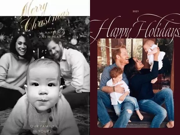 Thiệp Giáng sinh của gia đình Harry - Meghan năm 2019 và 2021.