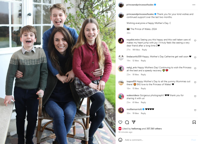 Bức ảnh được đăng trên tài khoản Instagram của William và Kate ít phút trước đã nhận được hàng trăm ngàn lượt yêu thích.