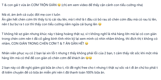 Chị T.V. kể lại sự việc khi chị cùng con gái đi ăn tại nhà hàng trên đường Nguyễn Thị Minh Khai, Quận 1.