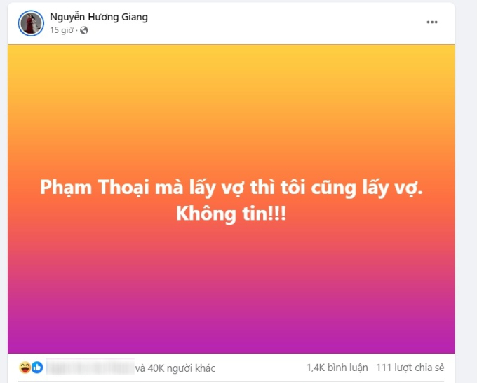Hoa hậu Hương Giang là một trong những người đầu tiên sốc khi nghe tin Phạm Thoại lấy vợ. Thậm chí nàng Hậu còn đăng một status hài hước rằng: 
