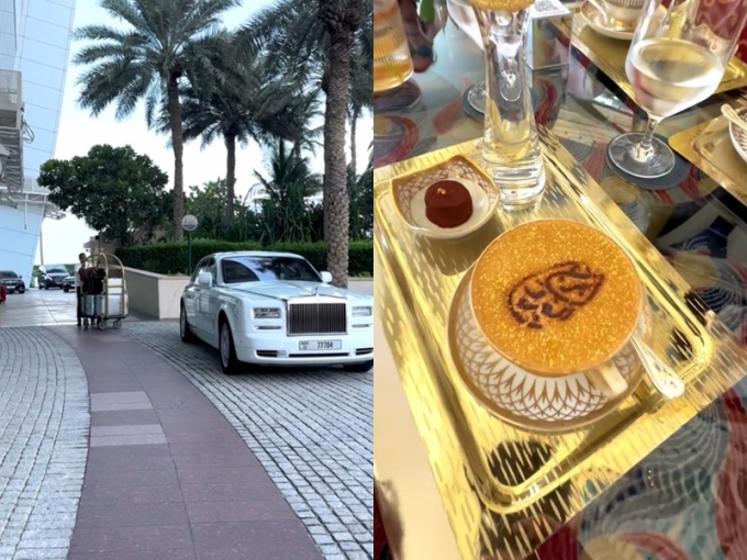 Hoàng Đạo - chồng của Linh Remy cũng chia sẻ thêm, khi đặt chân đến Dubai, cả nhà được đưa đón bằng xe Rolls Royce và được thưởng thức món cafe dát vàng. 