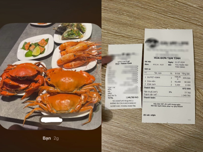 Hình ảnh món ăn và hóa đơn thanh toán bữa ăn hôm ấy được V.D chia sẻ. 