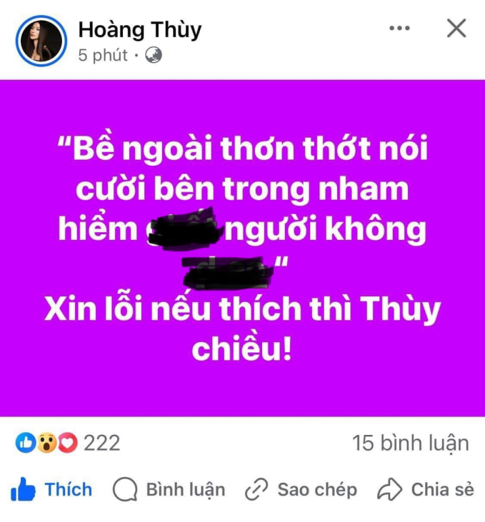Hoàng Thùy gây bão khi đăng ám chỉ ai đó 