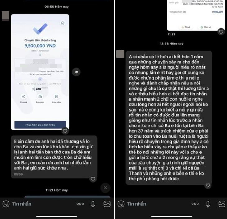 Ảnh chụp màn hình đoạn tin nhắn về việc bị trả lại tiền mua bàn thờ cho ba nuôi nhưng Vũ Luân đã từ chối nhận lại