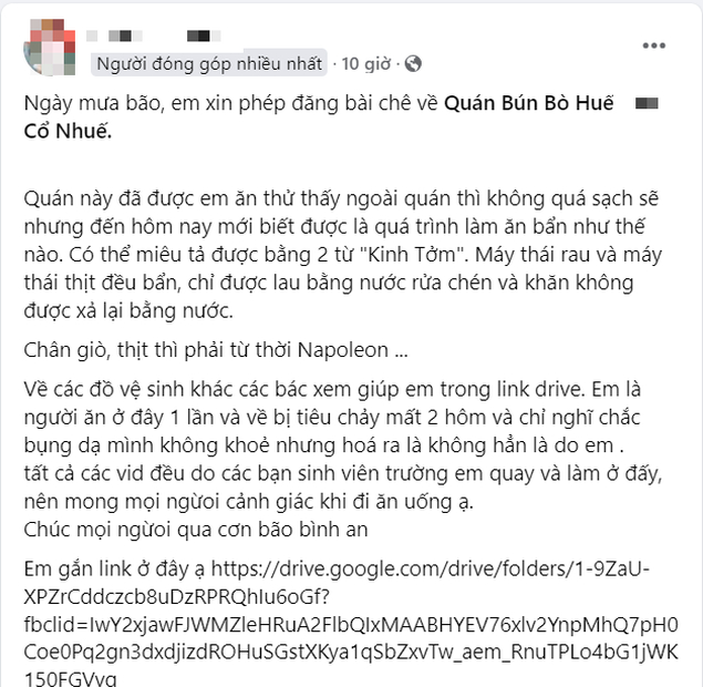 Bài đăng của vị thực khách trên MXH