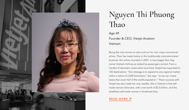 Bà Thảo là nữ tỷ phú tự thân đầu tiên của Việt Nam và của Đông Nam Á với tài sản 2,5 tỷ USD