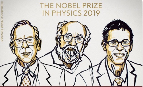 Ba nhà khoa học đoạt giải Nobel Vật lý 2019: James Peebles, Michel Mayor và Didier Queloz. Ảnh: Twitter.