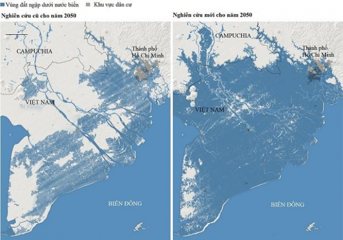 Nghiên cứu mới đây của Climate Central (Mỹ) nhận định miền Nam Việt Nam có thể ngập dưới đỉnh triều vào năm 2050. Đồ họa: New York Times. 