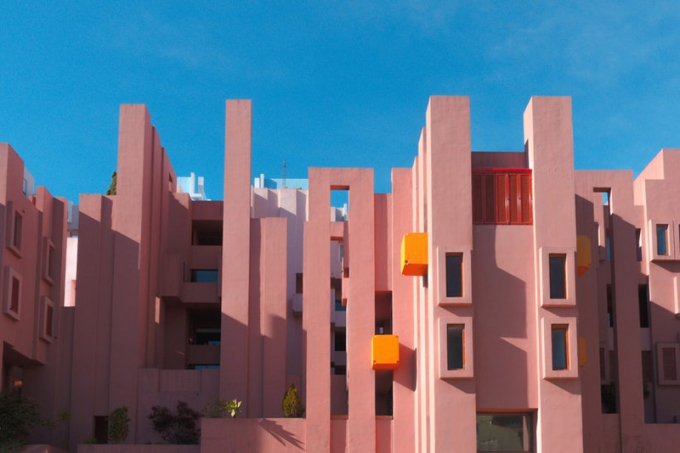 La Muralla Roja, Calpe, Tây Ban Nha. Tòa nhà được thiết kế vào năm 1968 bởi một kiến trúc sư tên Richard Bofill. Tổ hợp căn hộ được lấy cảm hứng từ kiến trúc Địa Trung Hải - Ả Rập thường thấy ở những nơi như Ai Cập, Afghanistan và Morocco. Có những sắc thái khác nhau của màu hồng được kết hợp trong toàn bộ phức hợp, biến đổi khi ánh sáng mặt trời chiếu vào.
