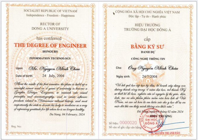 Bằng kỹ sư danh dự dành cho sinh viên Nguyễn Minh Châu.
