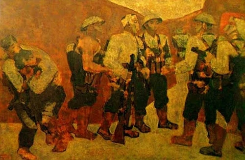 “Kết nạp Đảng ở Điện Biên Phủ” - tranh sơn mài của họa sĩ Nguyễn Sáng (1923 - 1988), sáng tác năm 1963, là một trong 2 tác phẩm của ông được công nhận là Bảo vật quốc gia