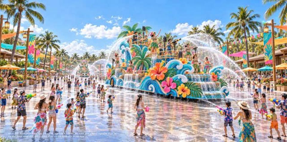 Du khách nhập cuộc cùng đoàn xe diễu hành trong lễ hội lấy cảm hứng từ Songkran Thái Lan