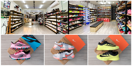 Không gian cửa hàng và một số mẫu giày. Ảnh ghép từ hình ảnh trên website Trung Sneaker.