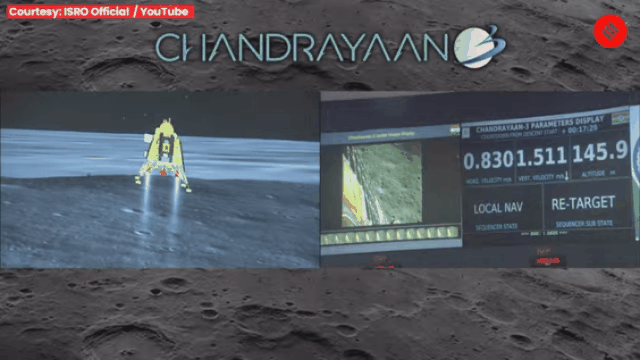 Khoảnh khắc trạm đổ bộ Ấn Độ chuẩn bị đáp xuống bề mặt Mặt Trăng. Ảnh: IRSO