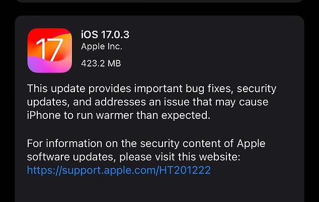 Apple cũng nói rõ trong thông tin đi kèm bản cập nhật iOS 17.0.3 là nó có khả năng 