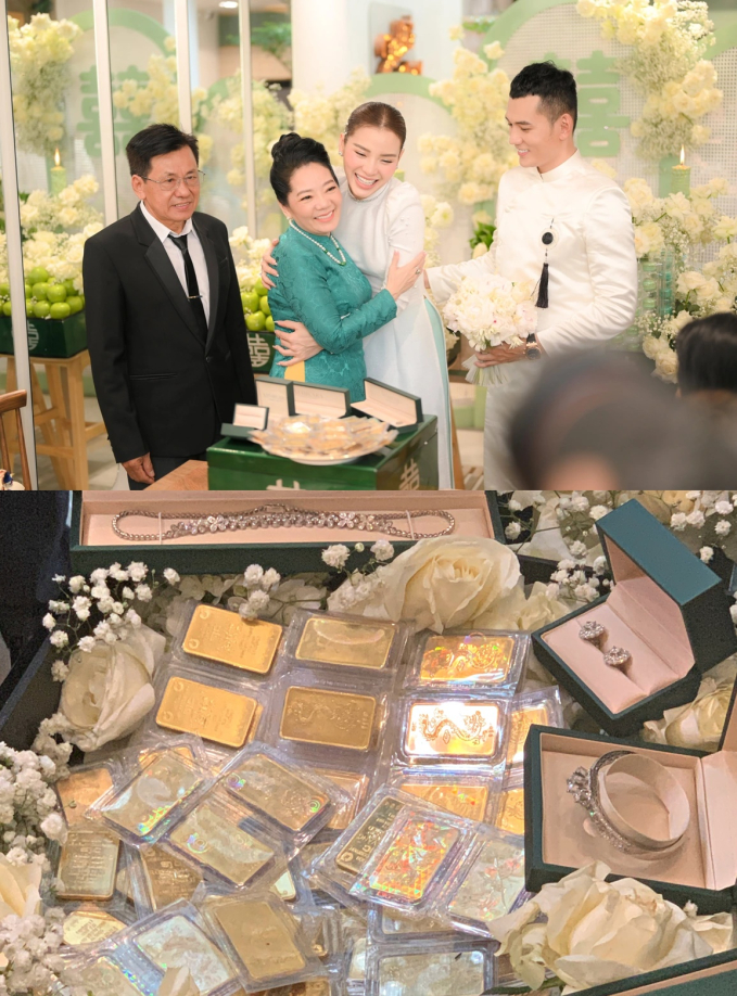 Trong ngày cưới, mỹ nhân 1988 được nhận sinh lễ là 88 cây vàng và hơn hai tỷ đồng trang sức kim cương